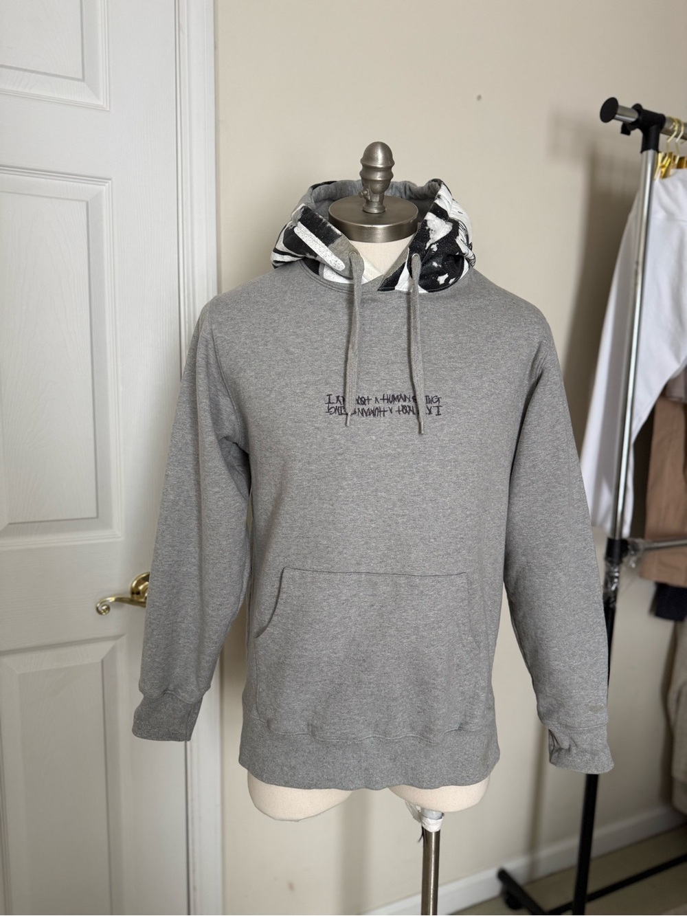 Men's Grey Pullover Hoodie with Contrast Patterned Hood